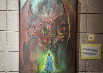 Painting of a winged creature looming over a woman in a blue dress